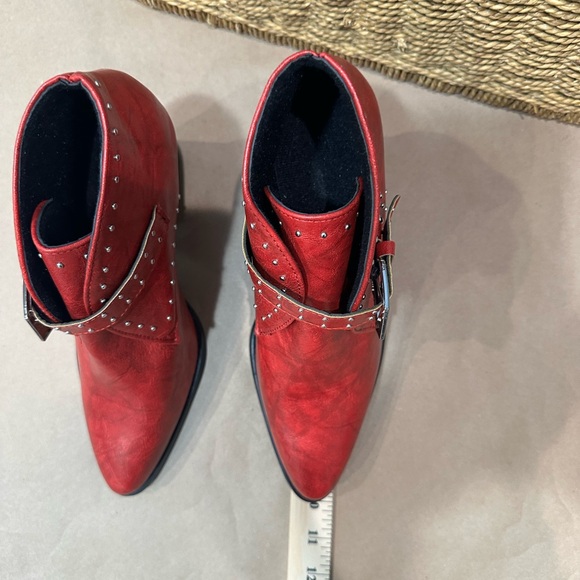 Vibrant Red Ankle Boots with Silver Accents- thick heel - Picture 5 of 14